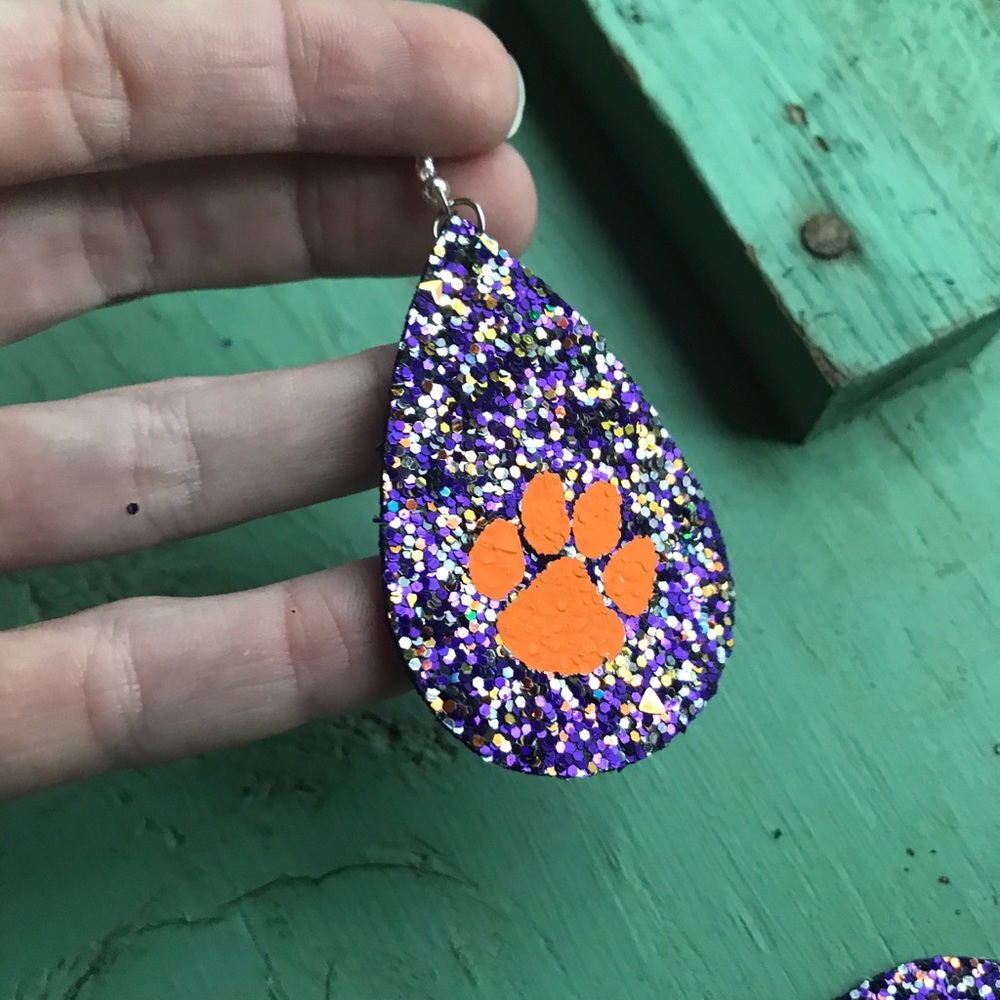 Clemson faux leather glitter earrings, Clemson earrings, Clemson jewelry, tigers